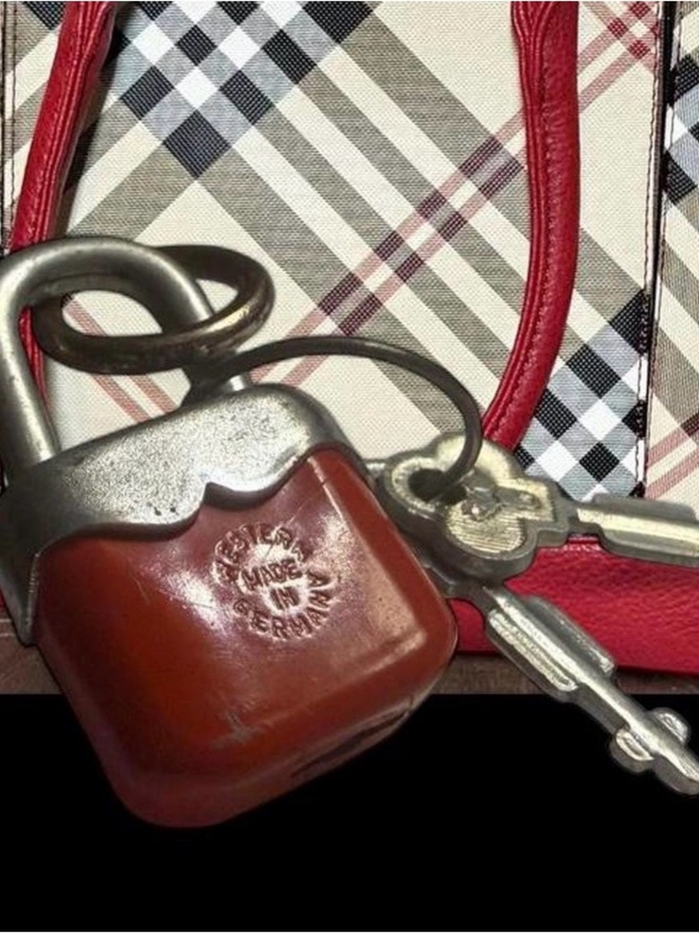 Vintage West German Red  Padlock Key Charm with Silver Hardware